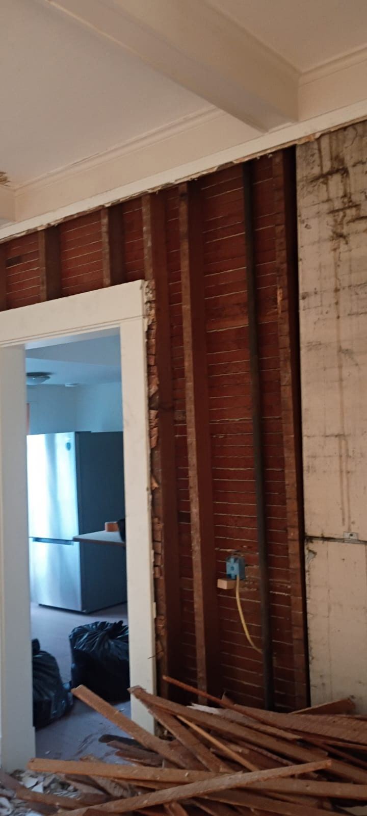 Original lath wall exposed during interior demolition